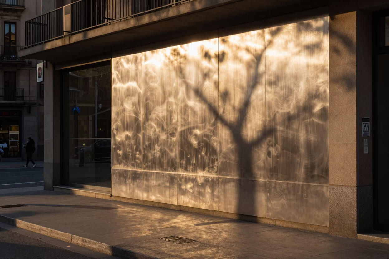 Golden Hour Street Scene in Barcelona Spain with Brushed Steel Wall and Glass Tumbler in in Barcelona, Spain