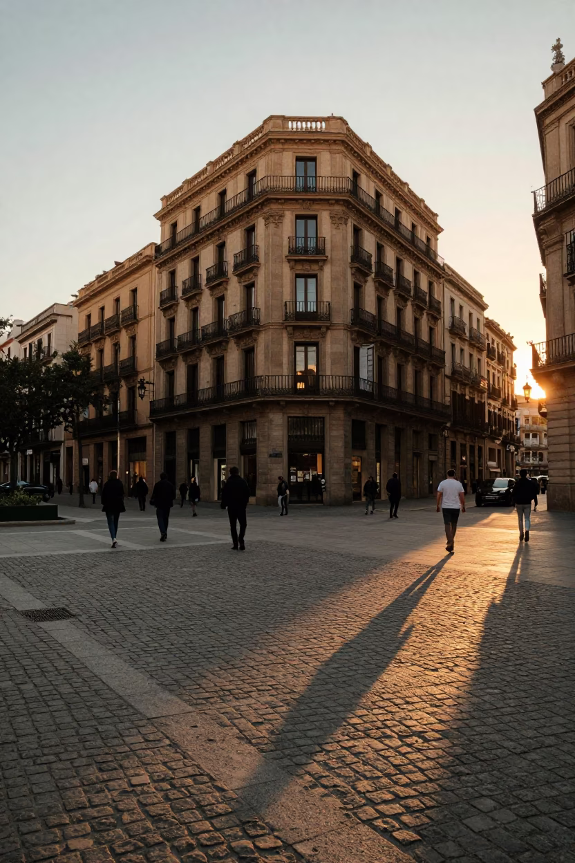 Golden Hour Street Scene in Barcelona Spain with Cobblestones and Traditional Architecture in in Barcelona, Spain