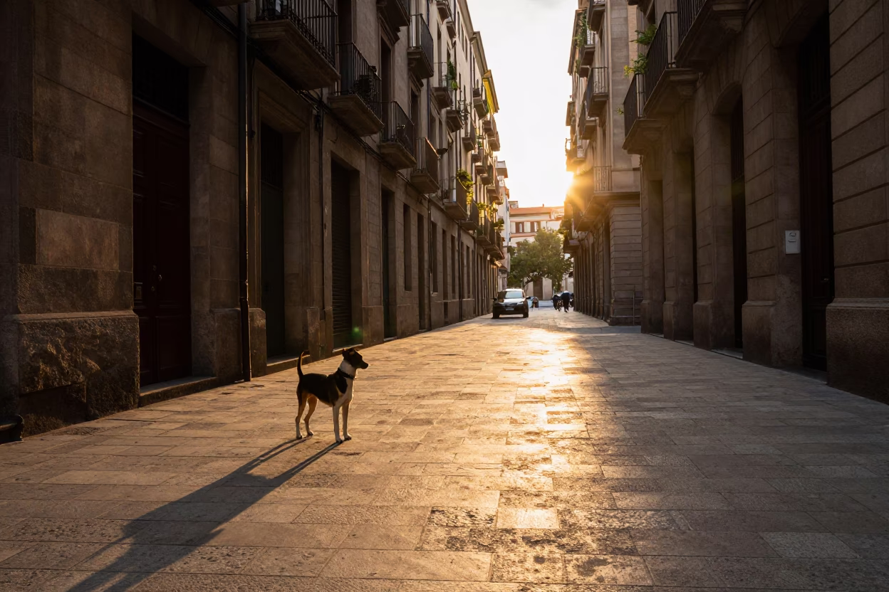 Golden Hour Street Scene in Barcelona Spain with Dog and Architectural Shadows in in Barcelona, Spain