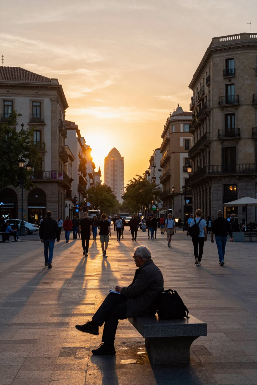 Golden Hour Street Scene in Barcelona Spain with Local Life and Architecture in in Barcelona, Spain