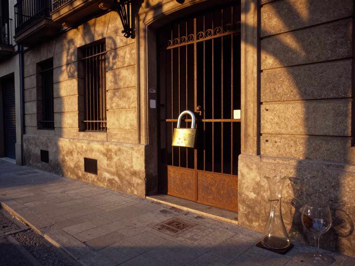 Golden Hour Street Scene in Barcelona Spain with Padlock and Glass Carafe in in Barcelona, Spain
