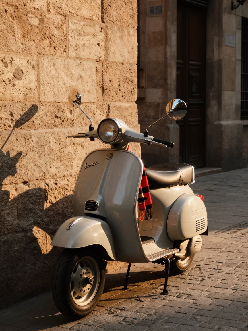 Golden Hour Street Scene in Barcelona Spain with Scooter and Scarf in in Barcelona, Spain