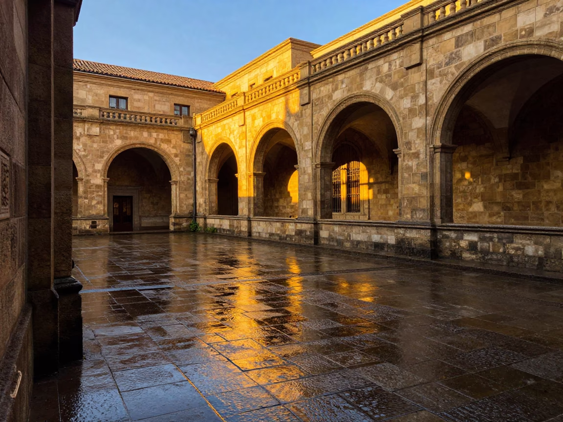 Golden Hour Street Scene in Barcelona Spain with University Cloister and Wet Flagstones in in Barcelona, Spain