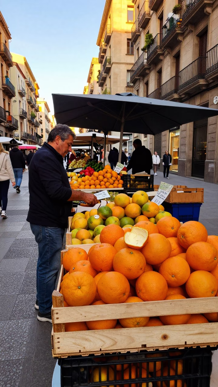 Golden Hour Street Scene in Barcelona with Orange Peel and Fruit Crate in in Barcelona, Spain