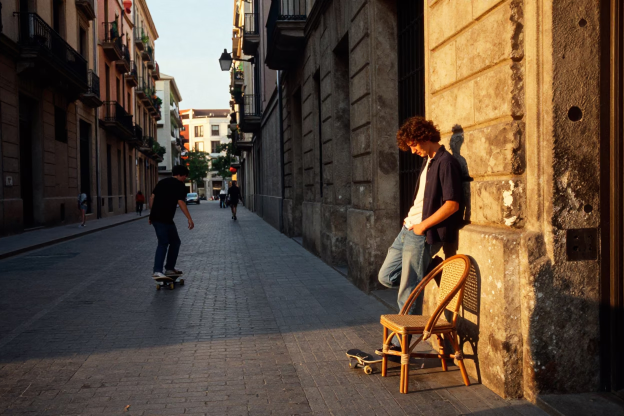 Golden Hour Street Scene in Barcelona with Skateboarder and Vintage Rattan Chair in in Barcelona, Spain
