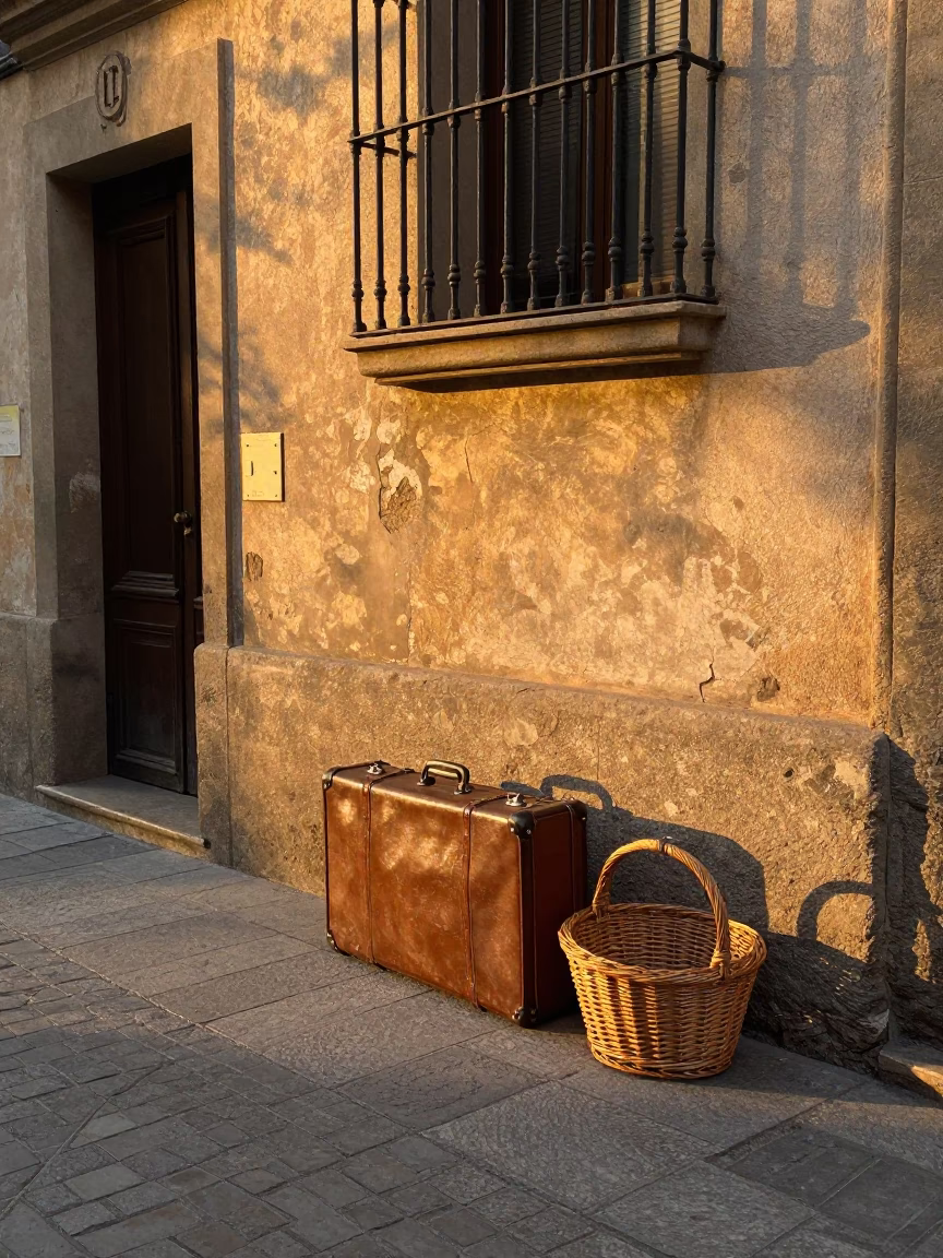 Golden Hour Street Scene in Barcelona with Suitcases and Wicker Basket in in Barcelona, Spain