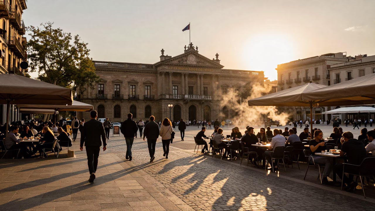 Golden Hour Street Scene in Barcelona with Tiramisu and Steam in in Barcelona, Spain