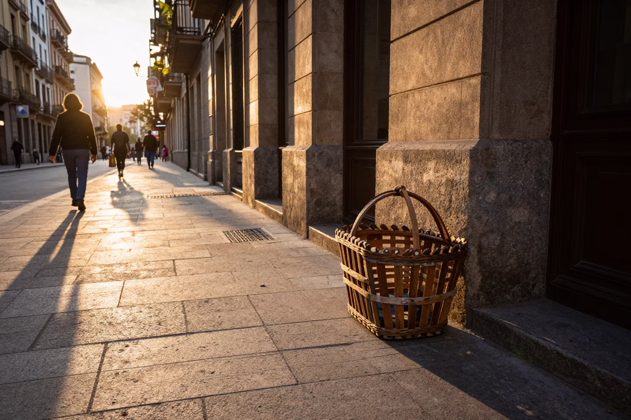 Golden Hour Street Scene in Barcelona with Wooden Peg Basket and Traditional Bakery Display in in Barcelona, Spain