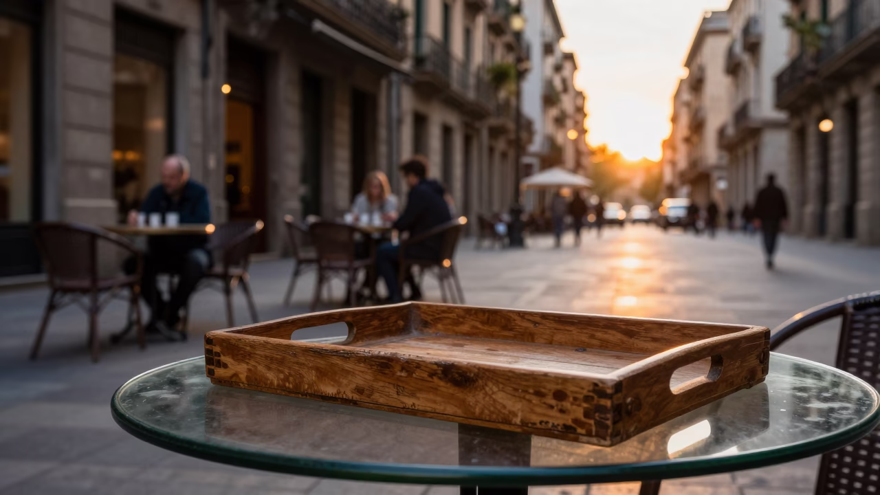 Golden Hour Street Scene in Barcelona with Wooden Tray and Glass Table in in Barcelona, Spain