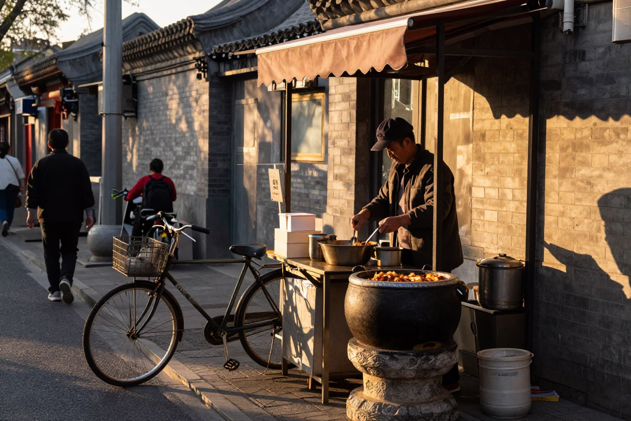 Golden Hour Street Scene in Beijing China with Bicycle and Stone Pot in in Beijing, China