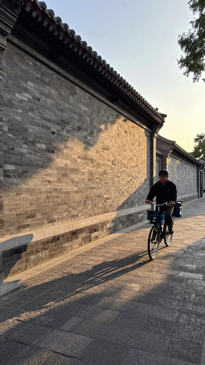Golden Hour Street Scene in Beijing China with Bicycle Rider and Traditional Hutong Architecture in in Beijing, China