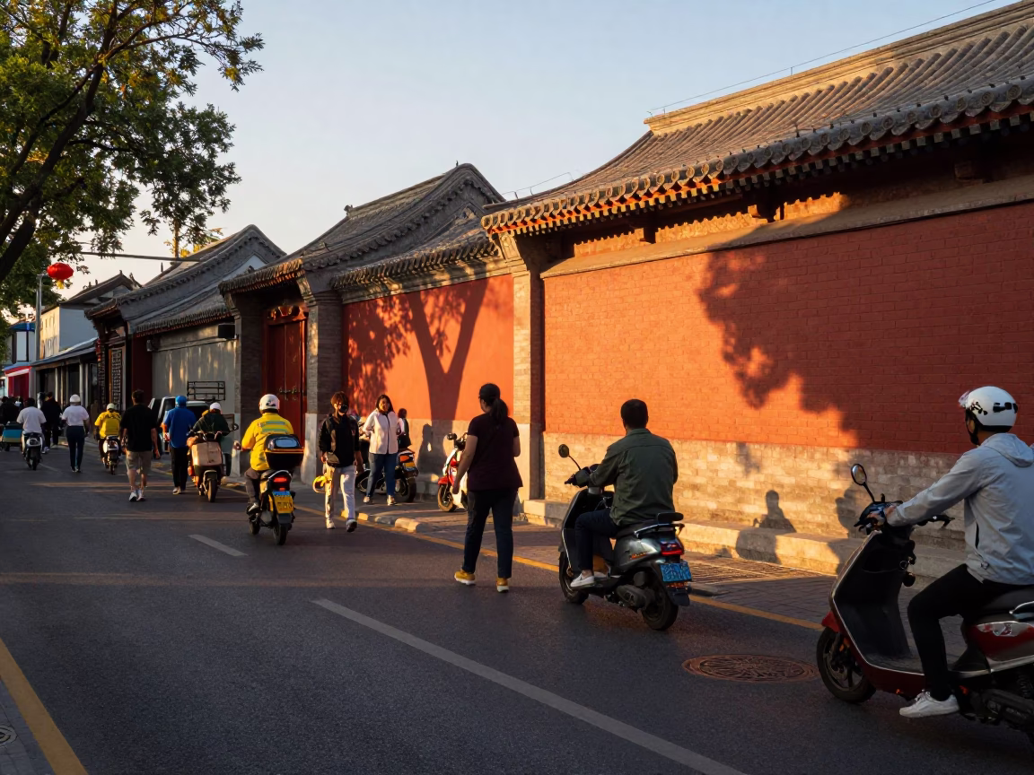 Golden Hour Street Scene in Beijing China with Construction and Urban Life in in Beijing, China