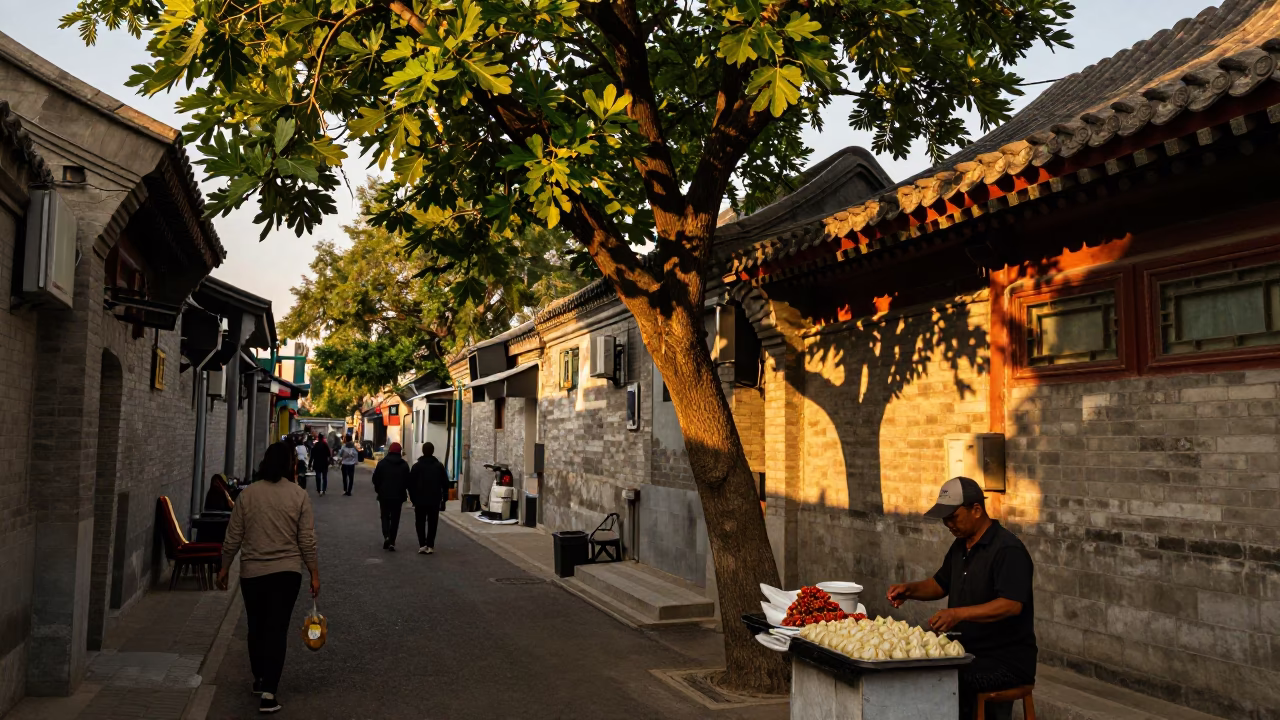 Golden Hour Street Scene in Beijing China with Fig Tree and Local Life in in Beijing, China