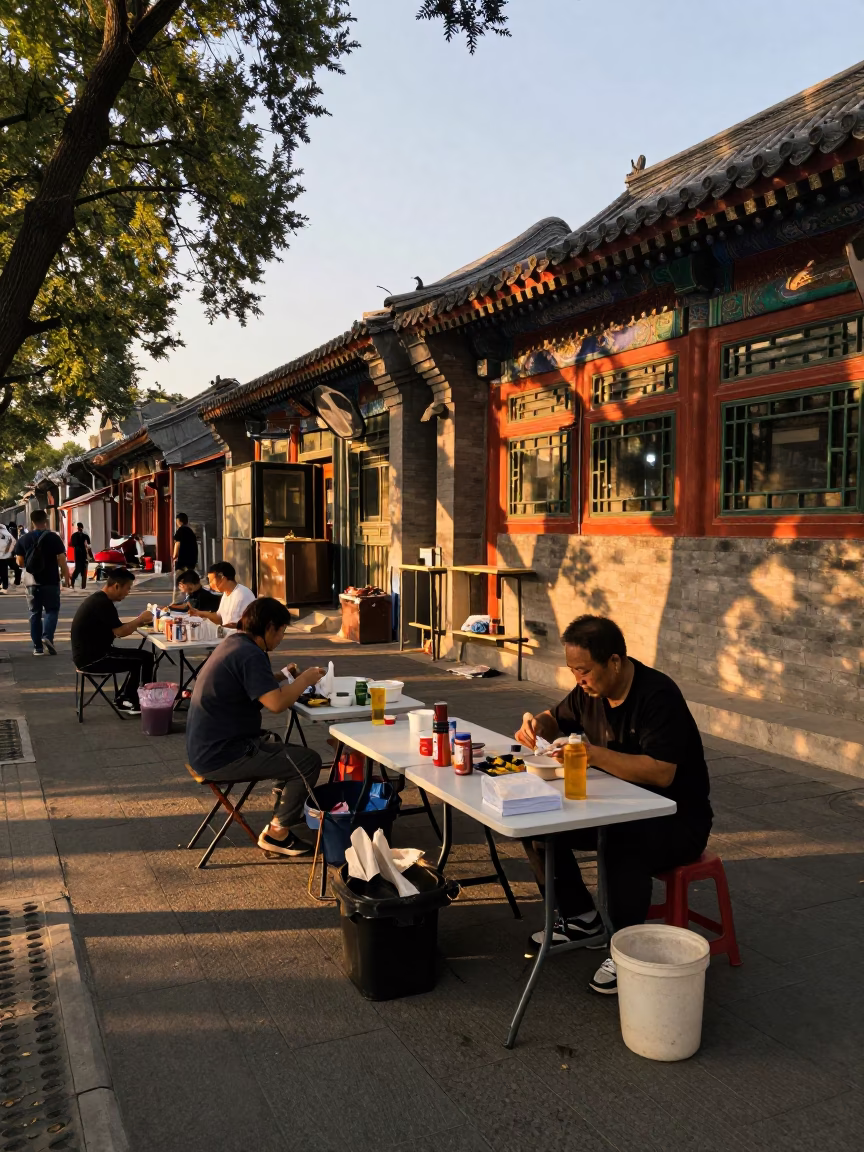 Golden Hour Street Scene in Beijing China with Folding Tables and Local Life in in Beijing, China