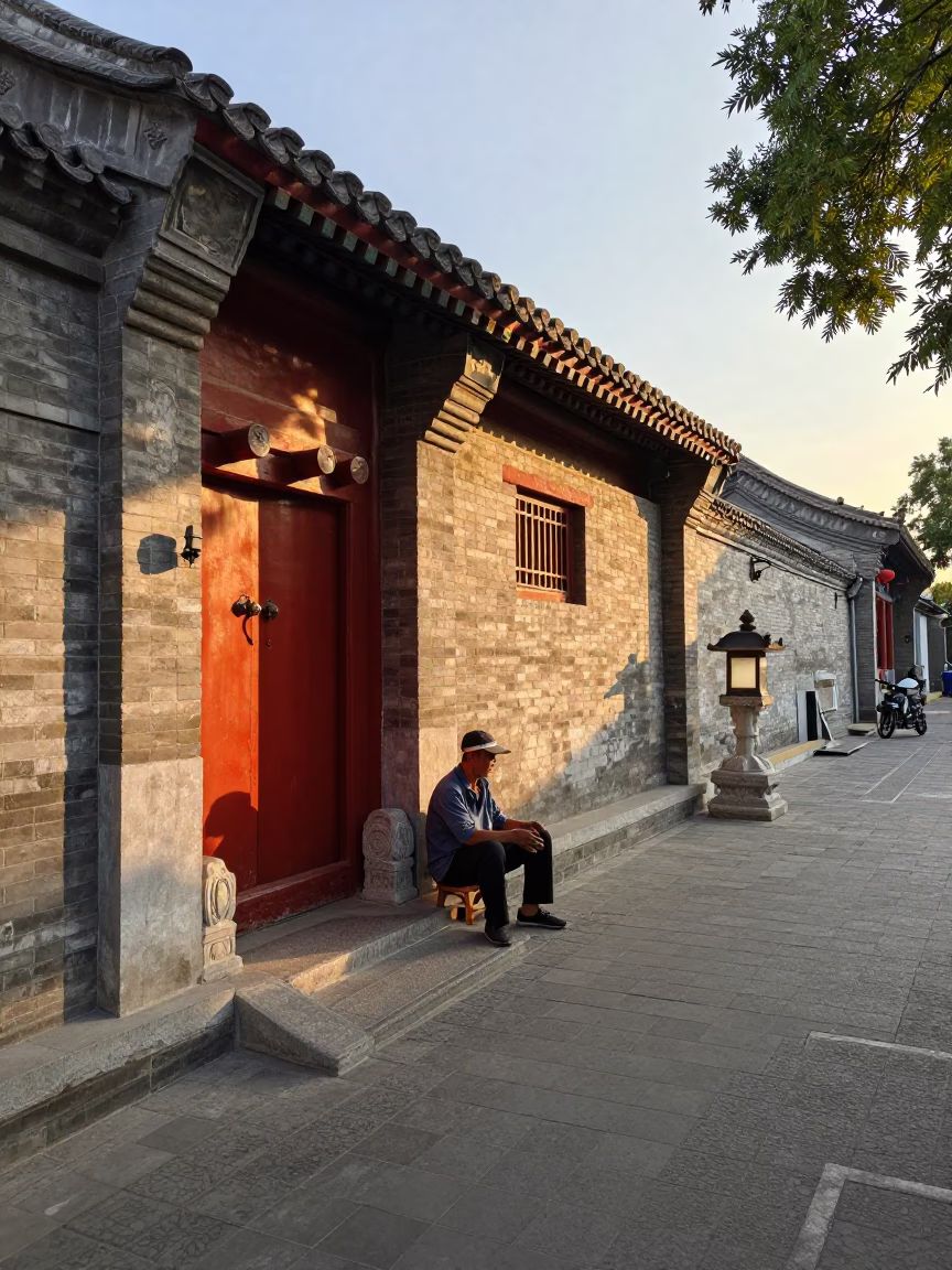 Golden Hour Street Scene in Beijing China with Traditional Architecture and Daily Life in in Beijing, China