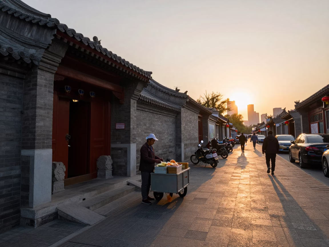 Golden Hour Street Scene in Beijing China with Traditional Architecture and Local Life in in Beijing, China