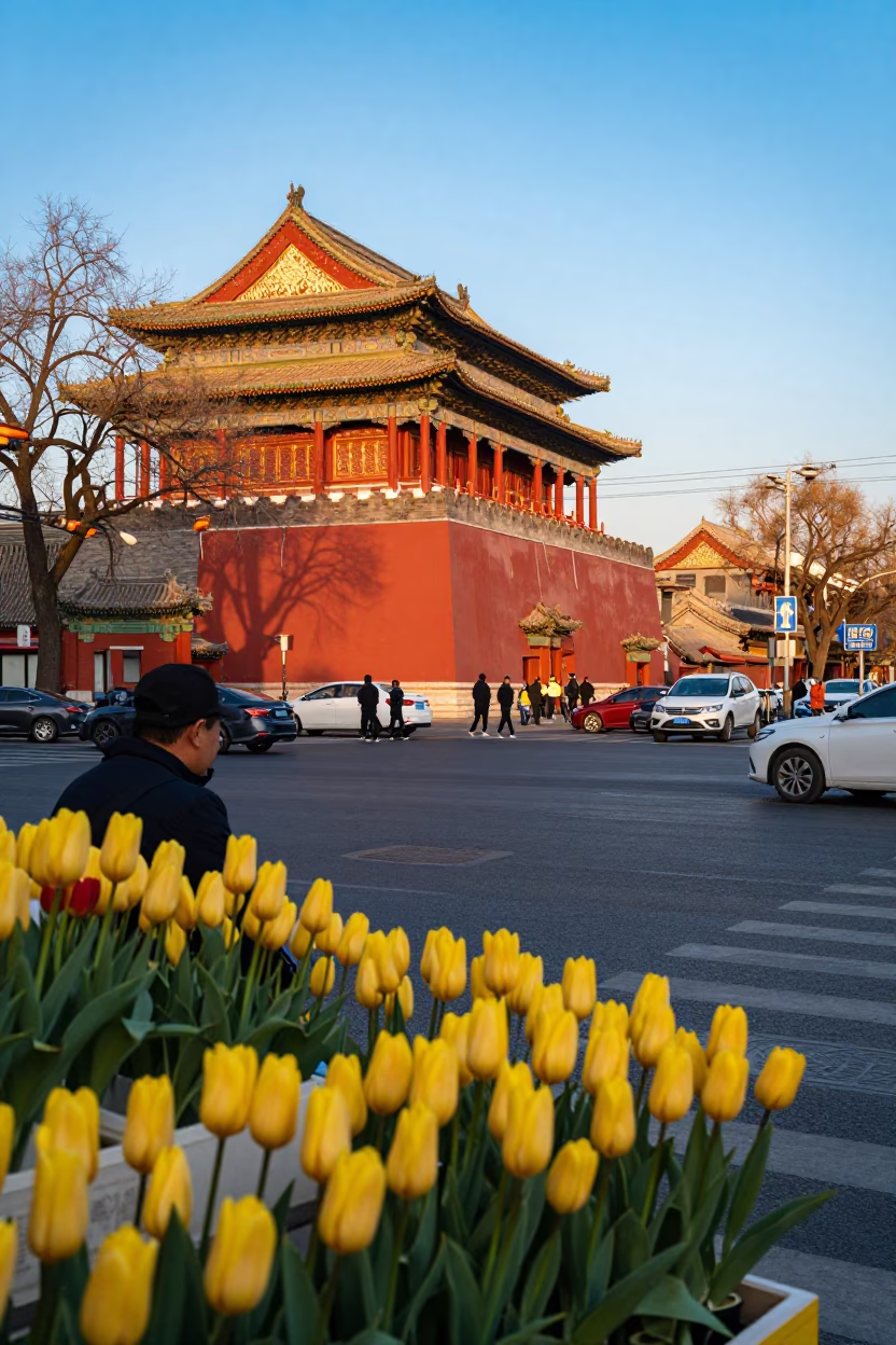 Golden Hour Street Scene in Beijing China with Tulips and Urban Life in in Beijing, China