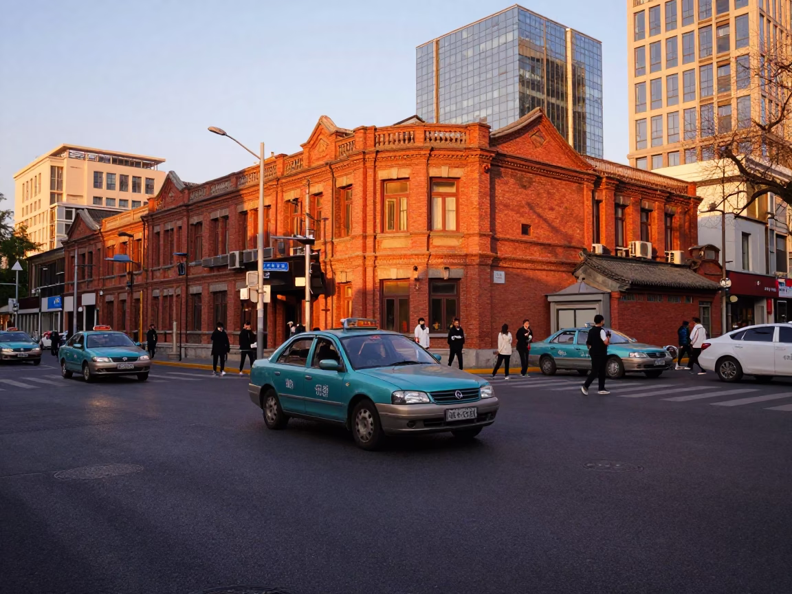 Golden Hour Street Scene in Beijing China with Vintage Taxi and Pedestrians in in Beijing, China