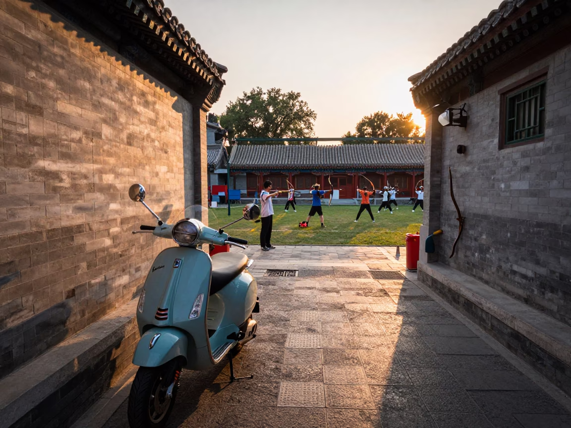 Golden Hour Street Scene in Beijing China with Vintage Vespa and Traditional Archery in in Beijing, China