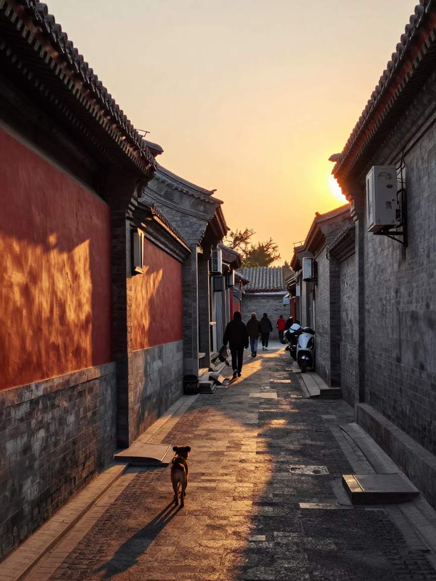 Golden Hour Street Scene in Beijing with Brown Dog and Garden Shears in in Beijing, China