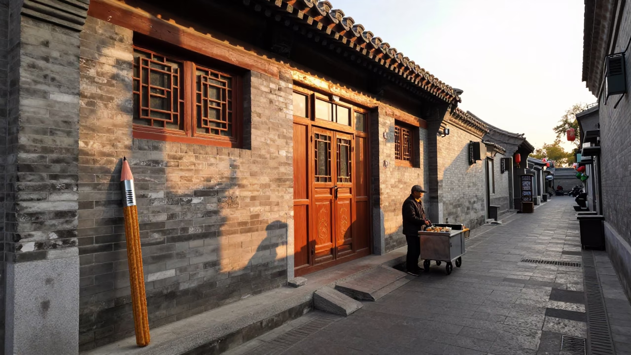 Golden Hour Street Scene in Beijing with Churros and Mechanical Pencil in in Beijing, China
