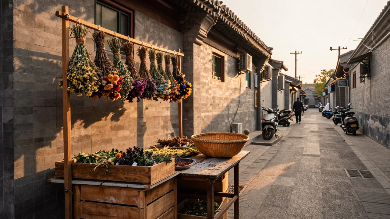 Golden hour street scene in Beijing with drying herbs and wooden crates in in Beijing, China