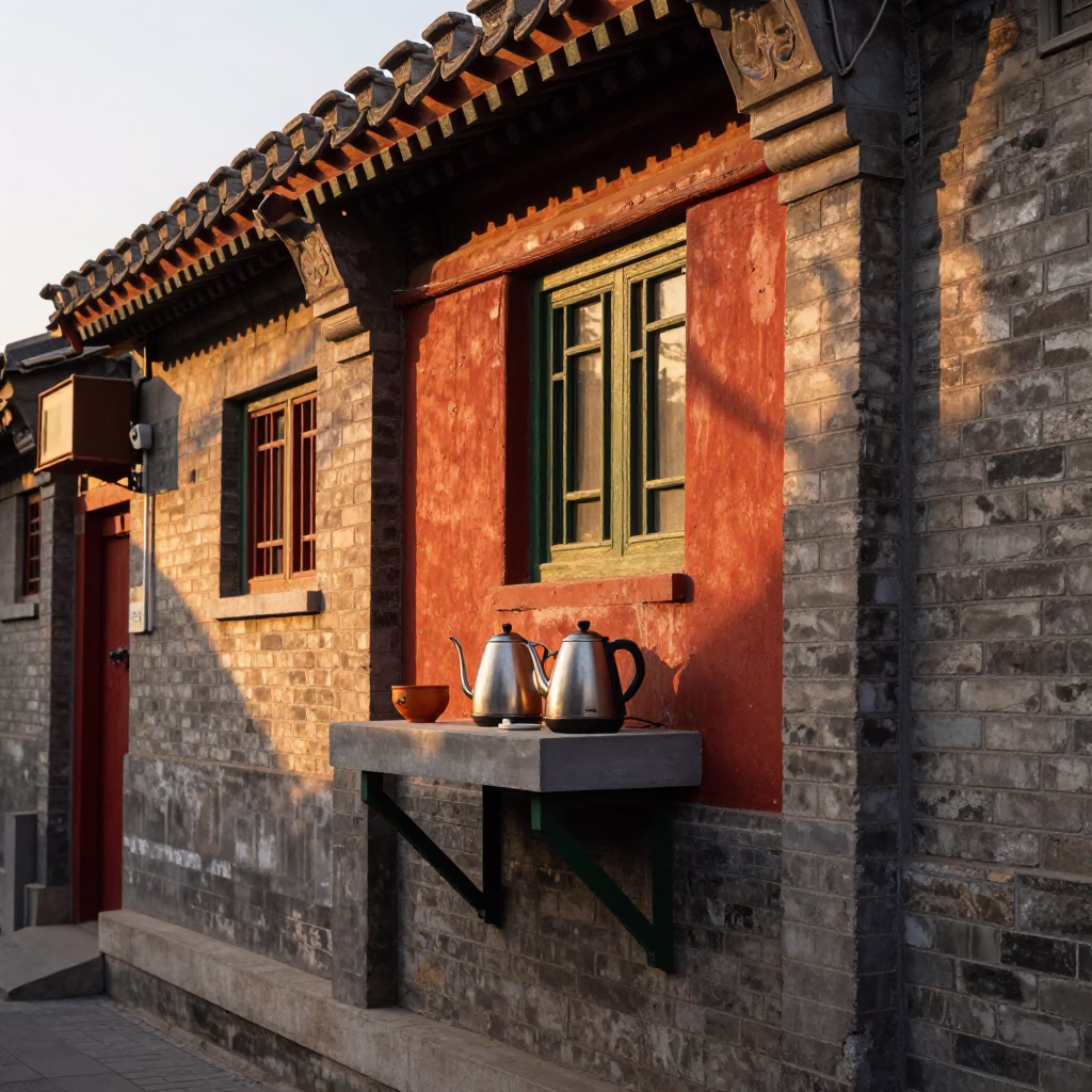 Golden Hour Street Scene in Beijing with Electric Kettle and Terracotta Bowl on Balcony in in Beijing, China