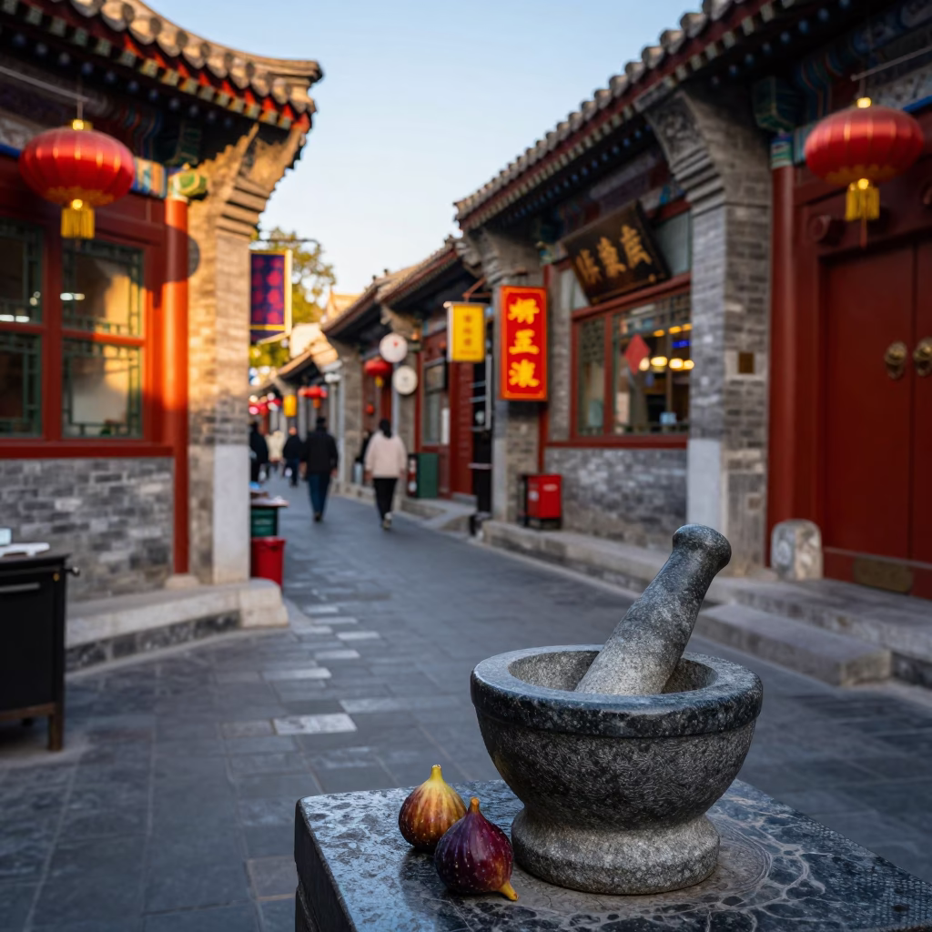 Golden Hour Street Scene in Beijing with Mortar and Pestle and Figs in in Beijing, China
