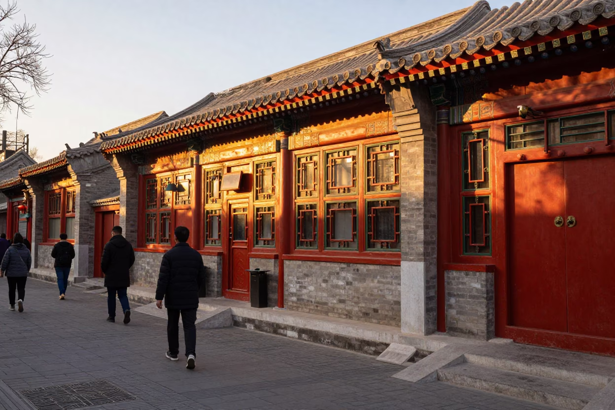 Golden Hour Street Scene in Beijing with Peking Duck and Traditional Architecture in in Beijing, China