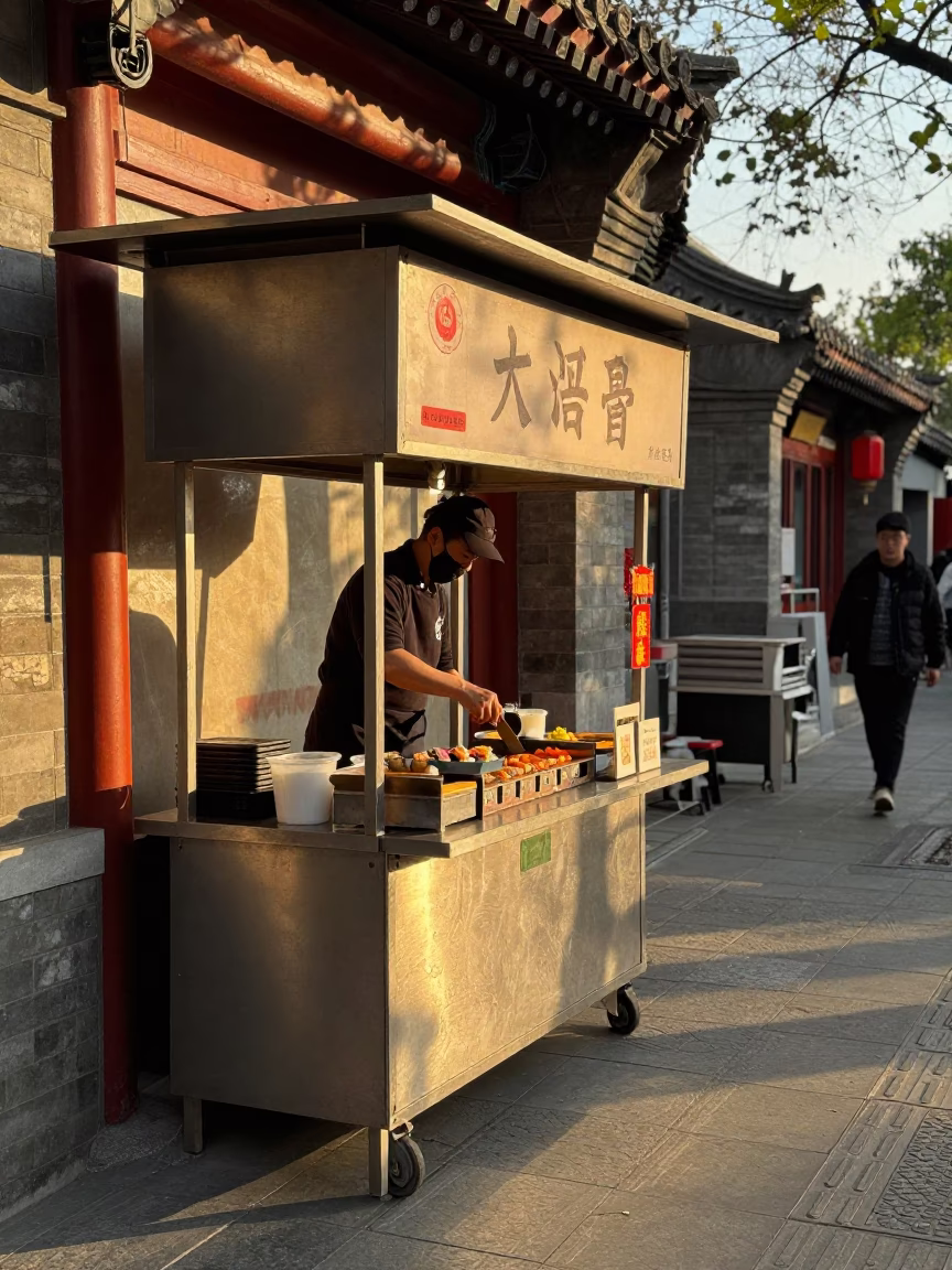 Golden Hour Street Scene in Beijing with Sushi and Brushed Steel Elements in in Beijing, China