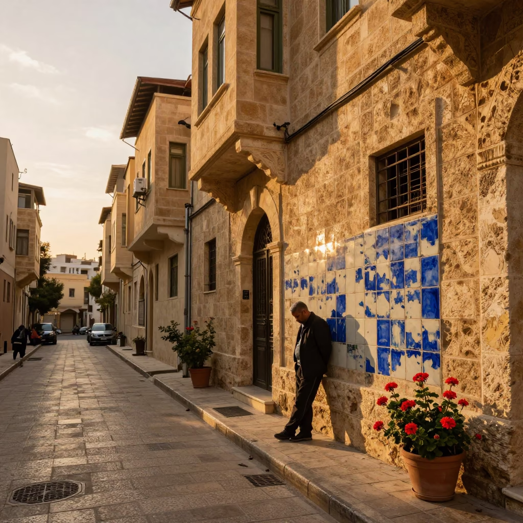 Golden Hour Street Scene in Beirut Lebanon with Ceramic Tiles and Geraniums in in Beirut, Lebanon