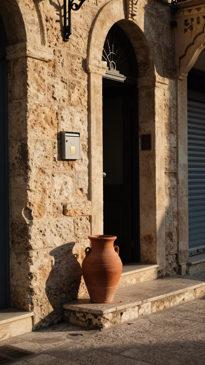 Golden Hour Street Scene in Beirut Lebanon With Clay Pot and Mailbox in in Beirut, Lebanon