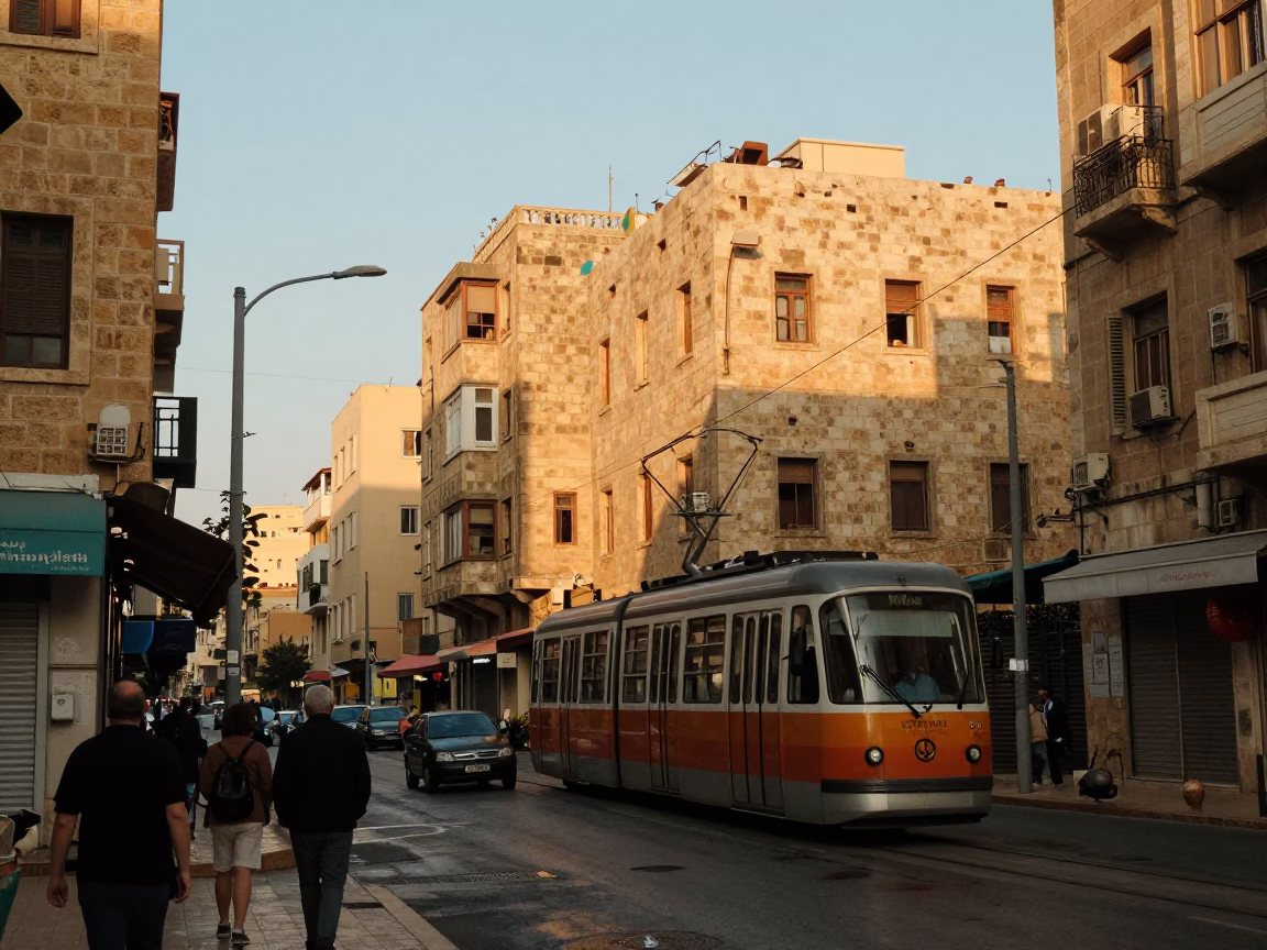 Golden Hour Street Scene in Beirut Lebanon with Funicular and Vintage Atmosphere in in Beirut, Lebanon