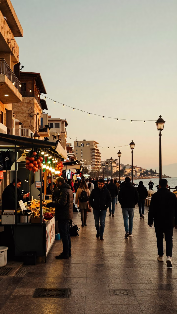 Golden Hour Street Scene in Beirut Lebanon with String Lights and Pomegranates in in Beirut, Lebanon