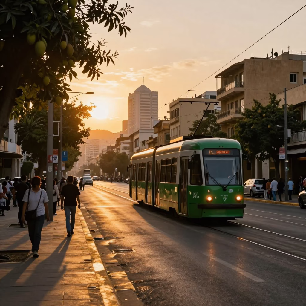 Golden Hour Street Scene in Beirut Lebanon with Tram and Mango Tree in in Beirut, Lebanon