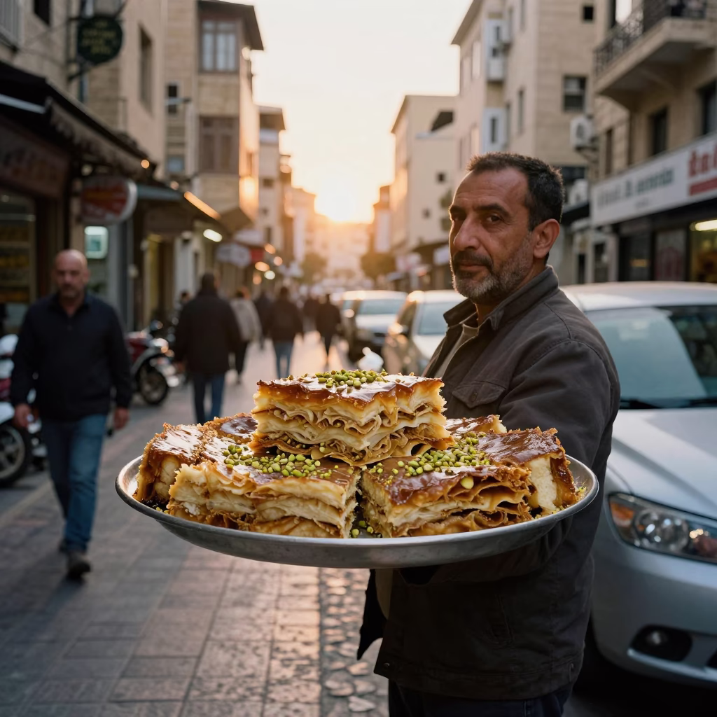 Golden Hour Street Scene in Beirut Lebanon with Tray of Knafeh and Pistachios in in Beirut, Lebanon