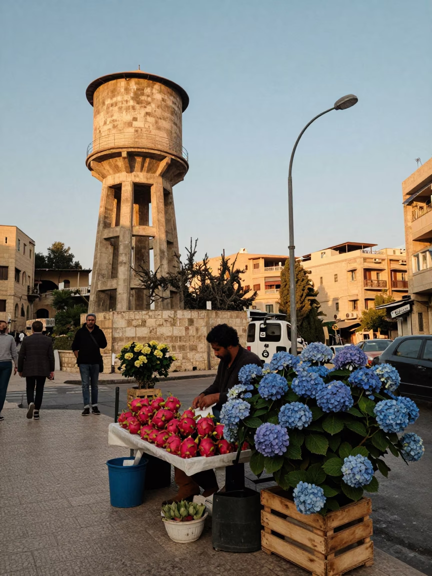 Golden Hour Street Scene in Beirut Lebanon with Water Tower and Hydrangeas in in Beirut, Lebanon