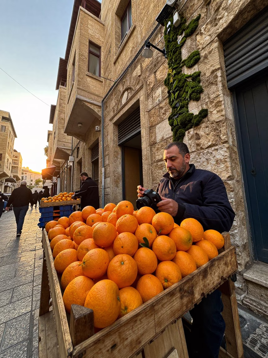 Golden Hour Street Scene in Beirut with Fresh Oranges and Mossy Details in in Beirut, Lebanon