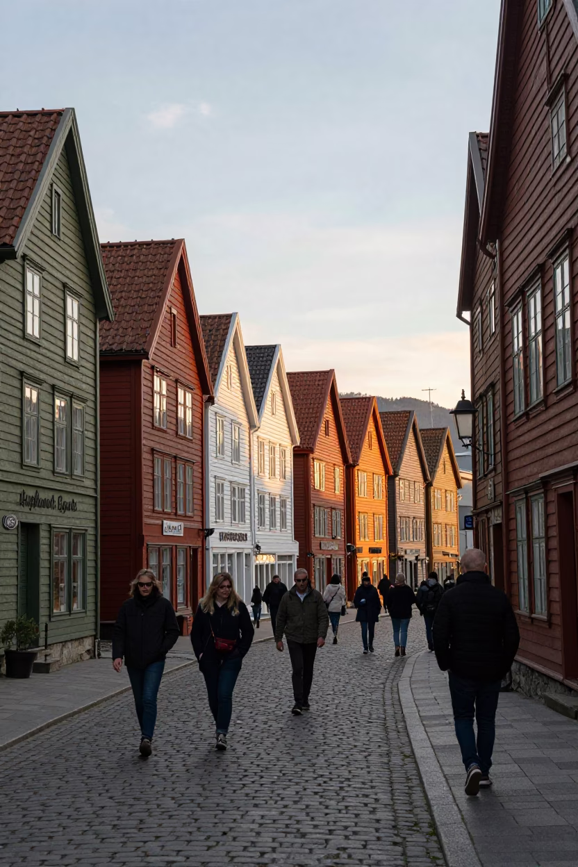 Golden Hour Street Scene in Bergen Norway with Colorful Hanseatic Wharf Houses in in Bergen, Norway