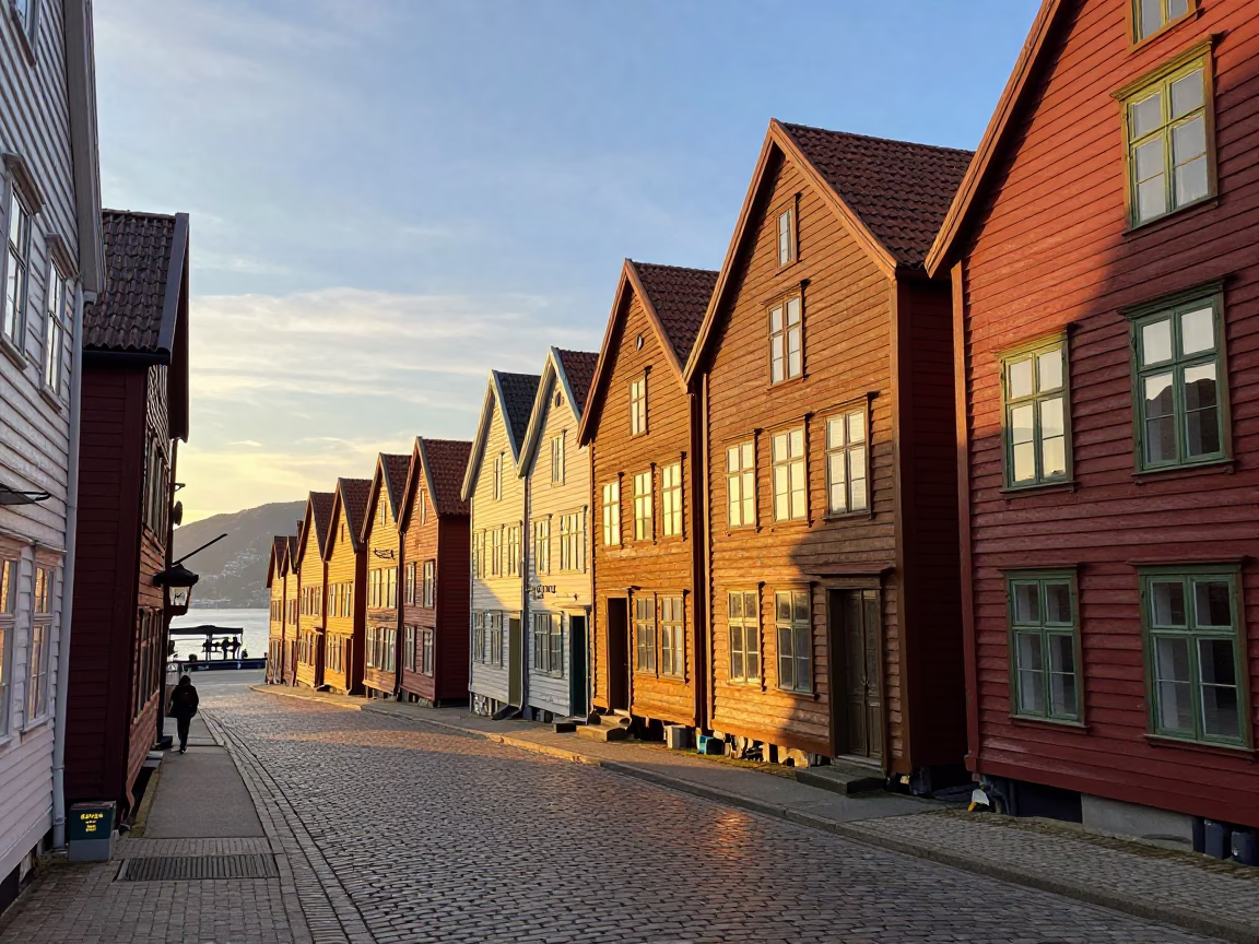 Golden Hour Street Scene in Bergen Norway with Colorful Wharf Houses in in Bergen, Norway
