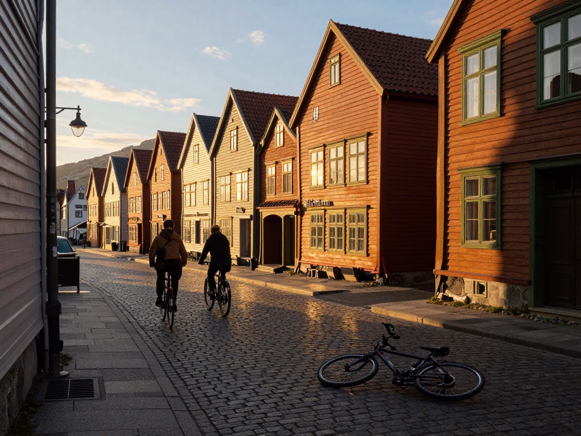 Golden Hour Street Scene in Bergen Norway with Cyclist and Bicycle Laid with Baguettes in in Bergen, Norway