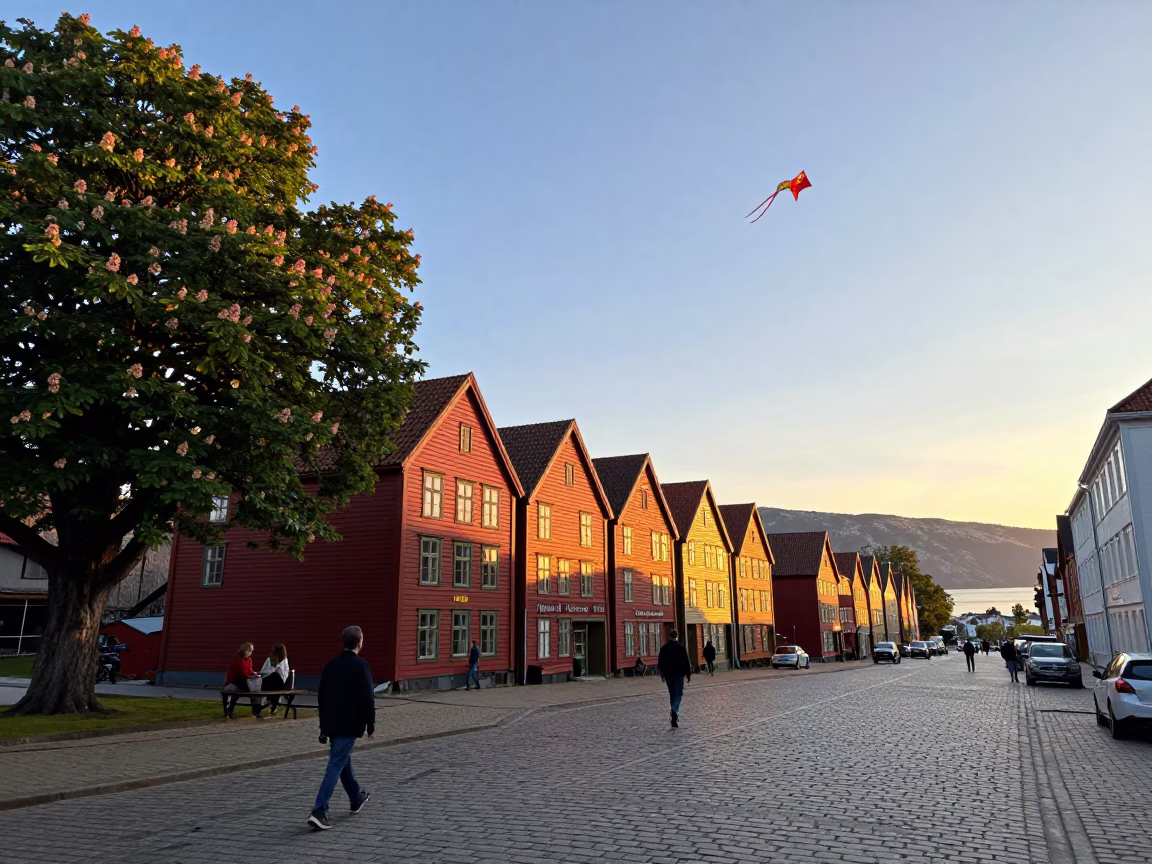 Golden Hour Street Scene in Bergen Norway with Kites and Chestnut Tree in in Bergen, Norway