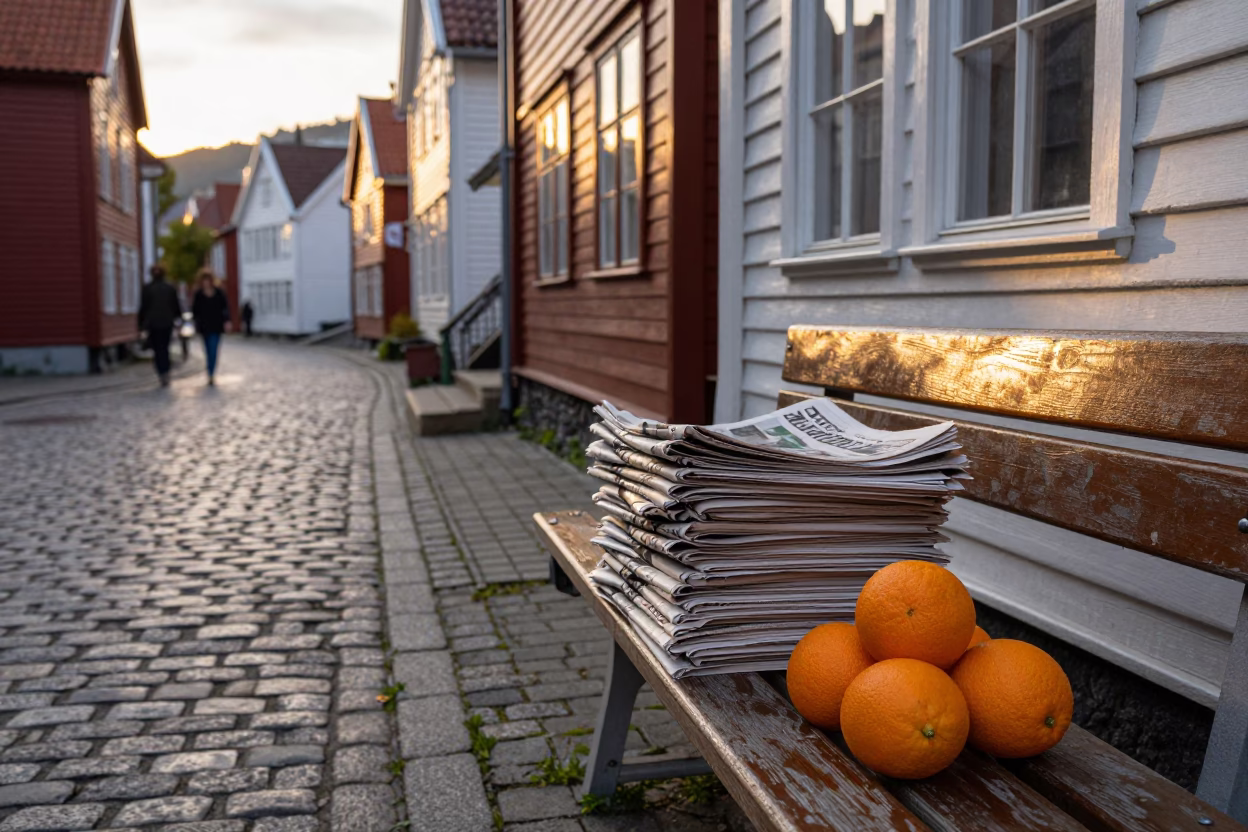 Golden Hour Street Scene in Bergen Norway with Newspaper Stack and Oranges in in Bergen, Norway