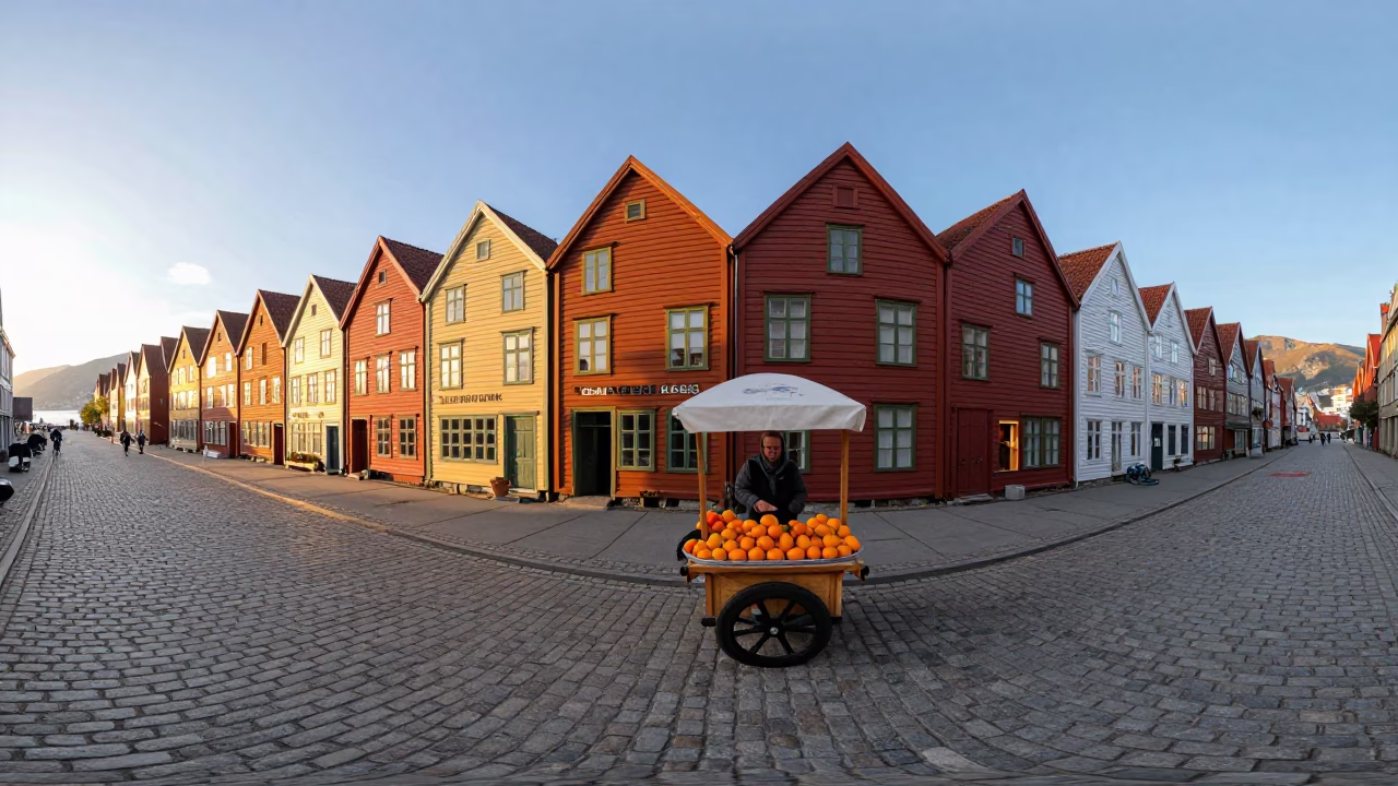 Golden Hour Street Scene in Bergen Norway with Oranges and Ceramic Plate in in Bergen, Norway