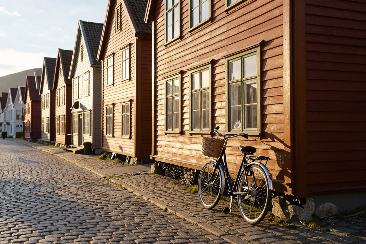 Golden Hour Street Scene in Bergen Norway with Vintage 1950s Atmosphere in in Bergen, Norway