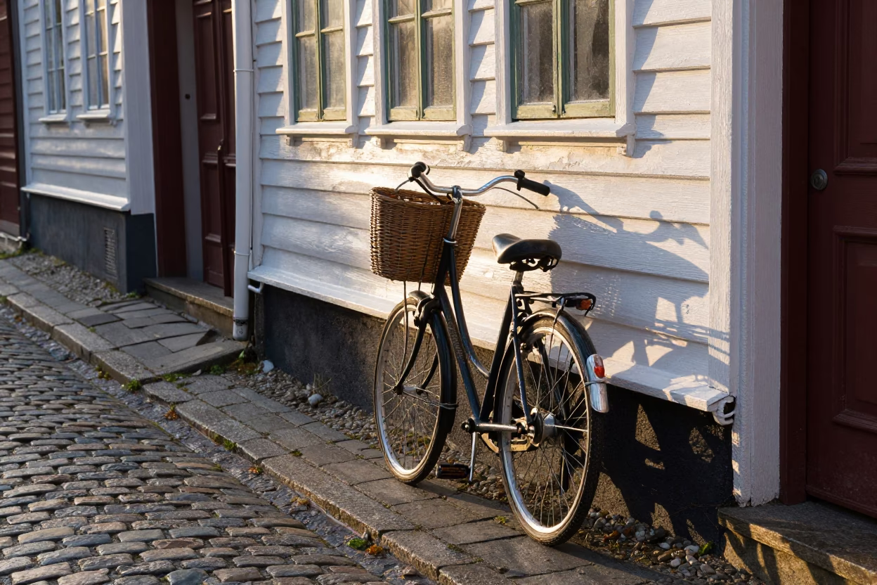 Golden Hour Street Scene in Bergen Norway with Vintage Bicycle and Condensation in in Bergen, Norway