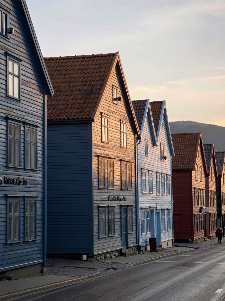 Golden Hour Street Scene in Bergen Norway with Vintage Details in in Bergen, Norway