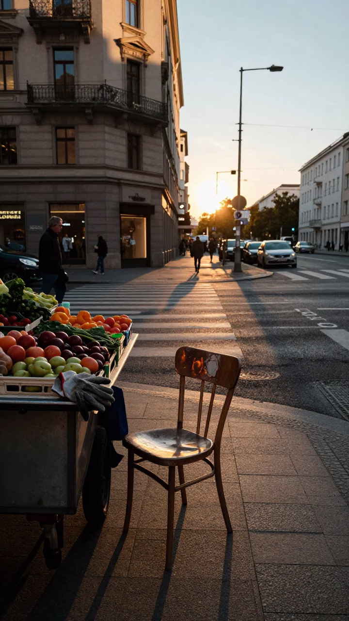 Golden Hour Street Scene in Berlin Featuring Worn Chair and Reflections in in Berlin, Germany