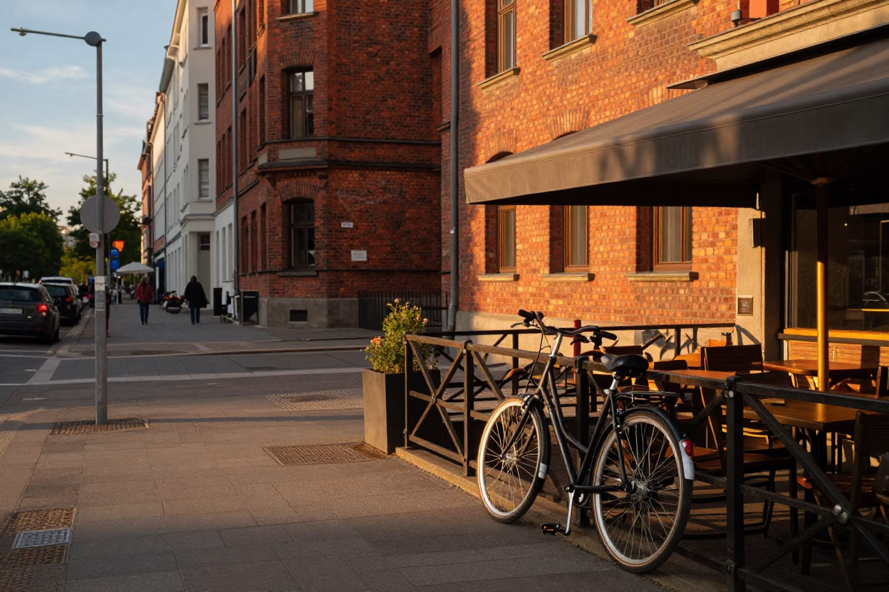 Golden Hour Street Scene in Berlin Germany with Bicycle and Cafe in in Berlin, Germany