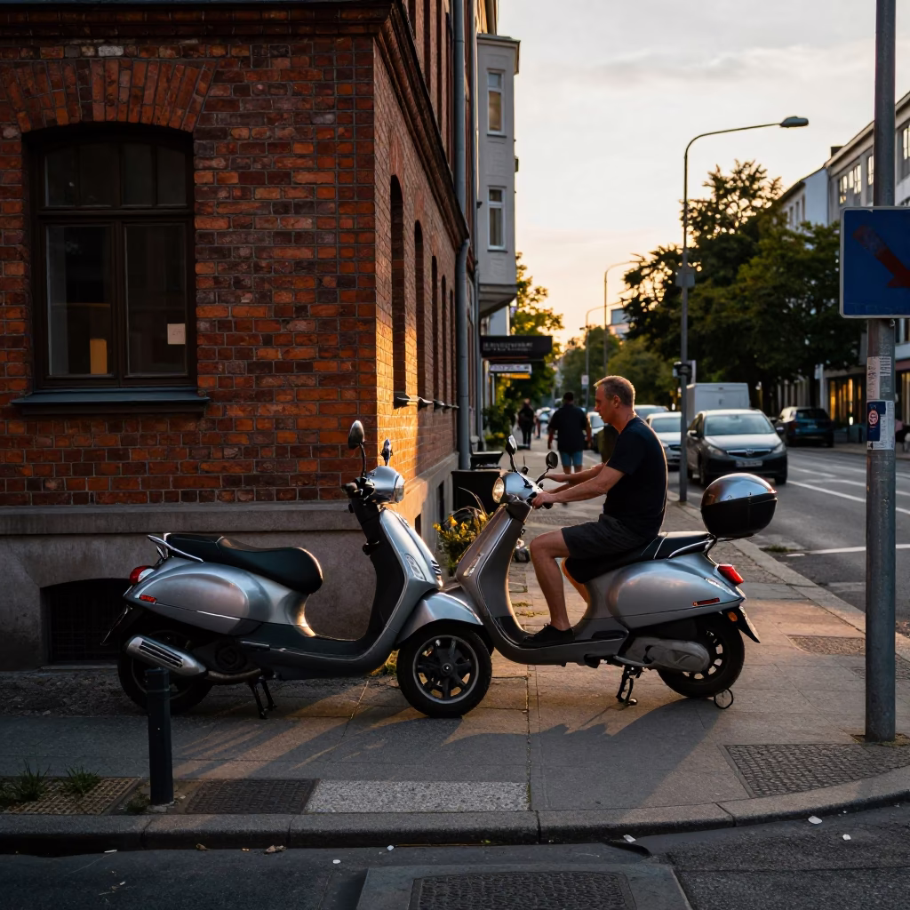 Golden Hour Street Scene in Berlin Germany with Scooter and Local Interaction in in Berlin, Germany